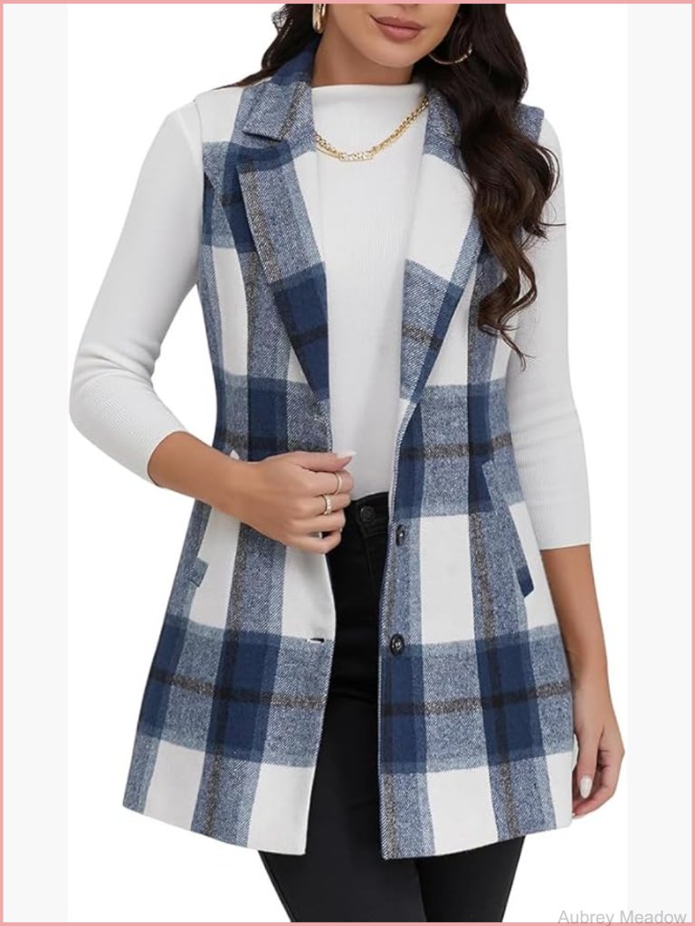 Wool Plaid Long Vest Sleeveless Blazer Jacket Cardigan Notch Lapel Button
